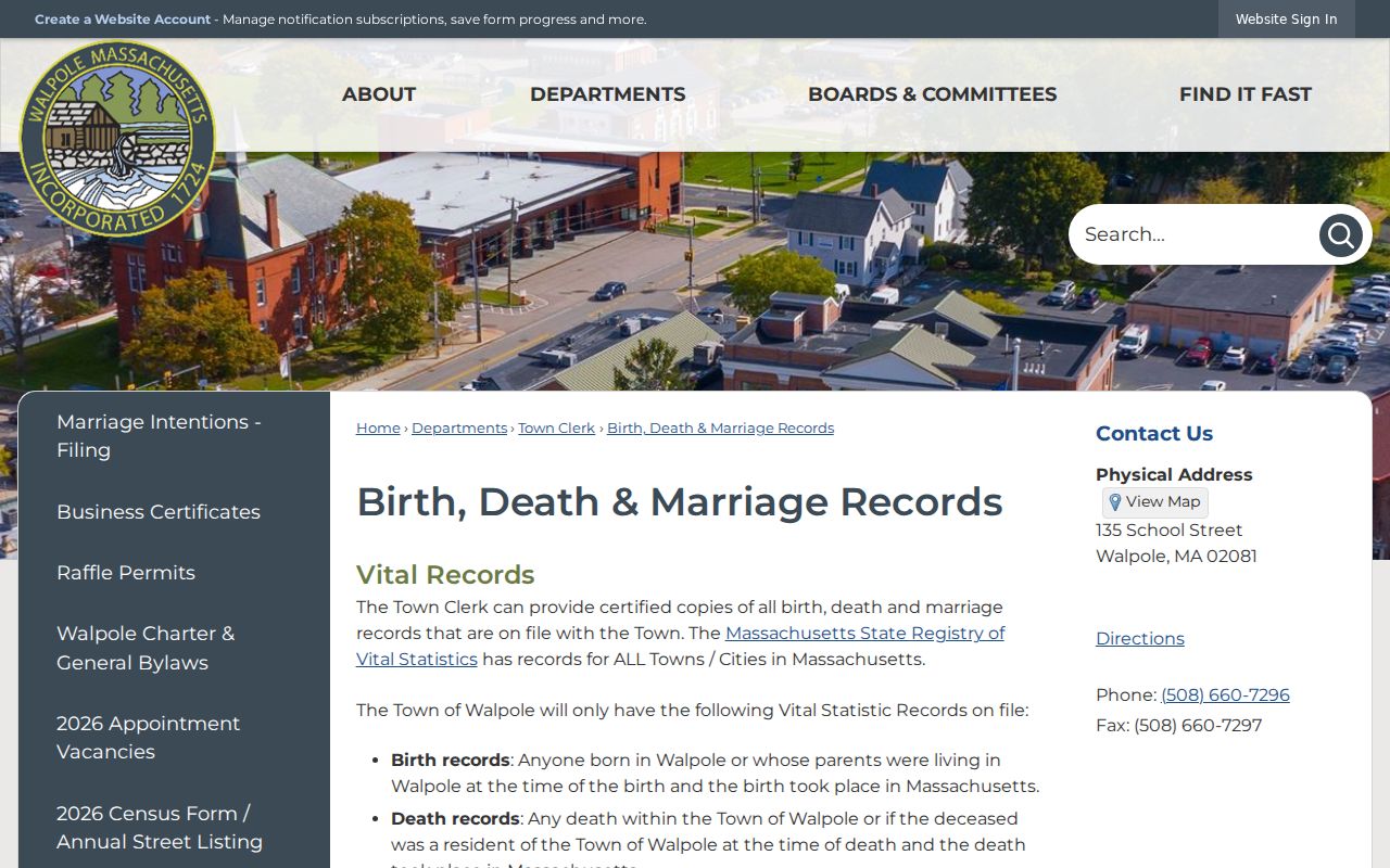 Walpole residents directory vital records request information